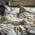 messy bed wrinkled sheets pillows close up view messy bed wrinkled white sheets pillows showing natural 321708142