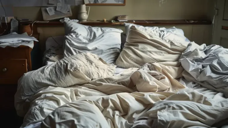messy bed wrinkled sheets pillows close up view messy bed wrinkled white sheets pillows showing natural 321708142